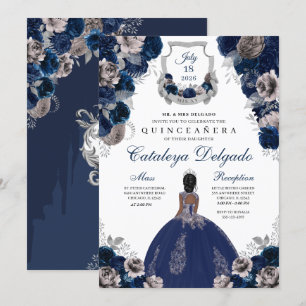 Navy Blue en Silver Floral Elegant Quinceañera Kaart