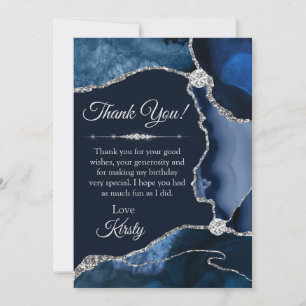 Navy Blue en Silver Glitter Agate Birthday Bedankkaart