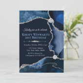 Navy Blue en Silver Glitter Agate Birthday Party Kaart (Staand voorkant)
