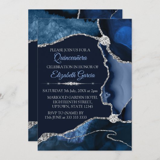 Navy Blue en Silver Glitter Agate Quinceanera Kaart (Voorkant / Achterkant)