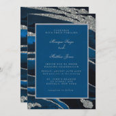 Navy Blue en Silver Glitter Agate Wedding Invitati Kaart (Voorkant / Achterkant)