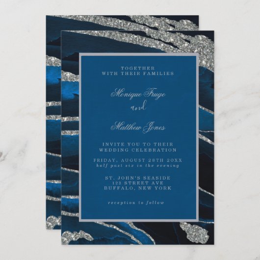 Navy Blue en Silver Glitter Agate Wedding Invitati Kaart (Voorkant / Achterkant)