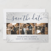 Navy Blue en Silver Glitter Photo Collage Wedding Save The Date (Voorkant)