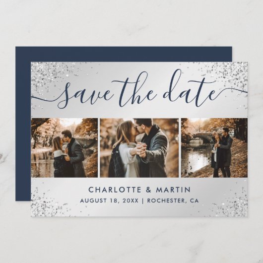 Navy Blue en Silver Glitter Photo Collage Wedding Save The Date (Voorkant / Achterkant)