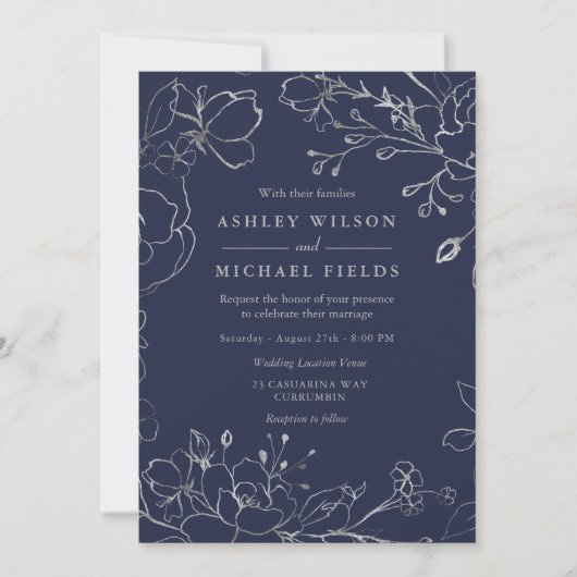 Navy Blue en Silver Grey Floral Modern Wedding Kaart (Voorkant)