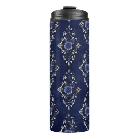 Navy Blue en Silver  Grunge Bloemdamast Thermosbeker (Voorkant)