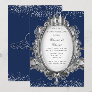 Navy Blue en Silver Lijst Glitter Royal Wedding Kaart