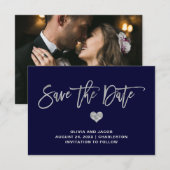 Navy Blue en Silver met hart | Foto terug Save The Date (Voorkant / Achterkant)