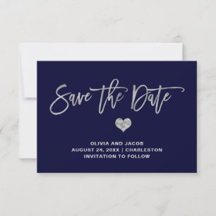 Navy Blue en Silver met hart Save The Date
