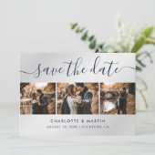 Navy Blue en Silver Modern Photo Collage Wedding Save The Date (Staand voorkant)