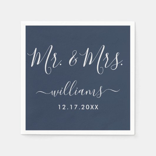 Navy Blue en Silver Modern Script Mr en Mrs. Servet (Voorkant)