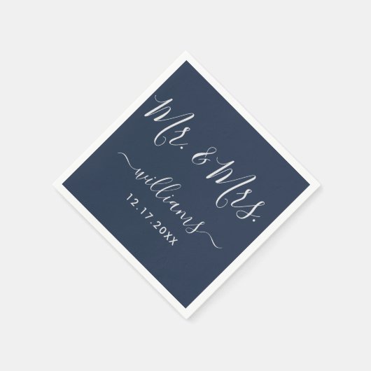 Navy Blue en Silver Modern Script Mr en Mrs. Servet (Hoek)