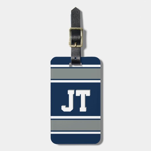 Navy Blue en Silver Sports Stripes Personalized Bagagelabel (Voorkant verticaal)