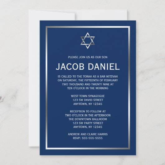 Navy Blue en Silver Star van David Bar Mitzvah Kaart (Voorkant)