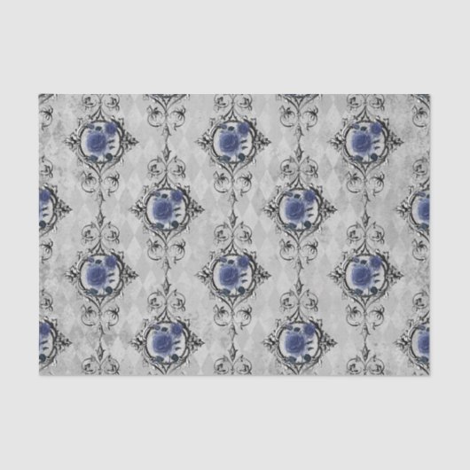 Navy Blue en Silver Victoriaans Floral Damask Tissuepapier (Voorkant)