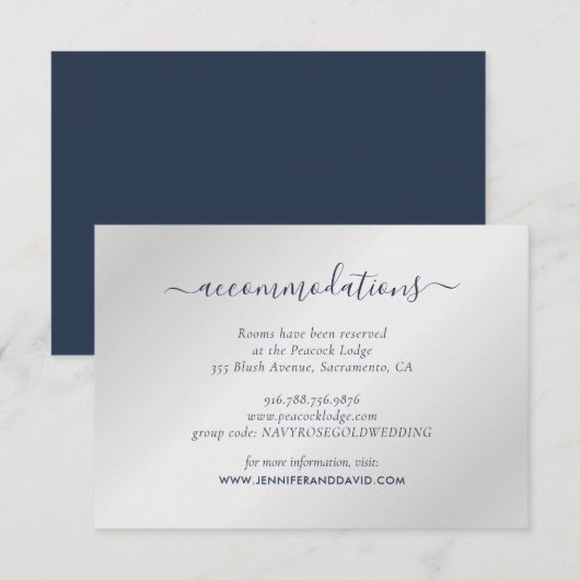 Navy Blue en Silver Wedding Hotel Accommodatie Informatiekaartje (Voorkant / Achterkant)