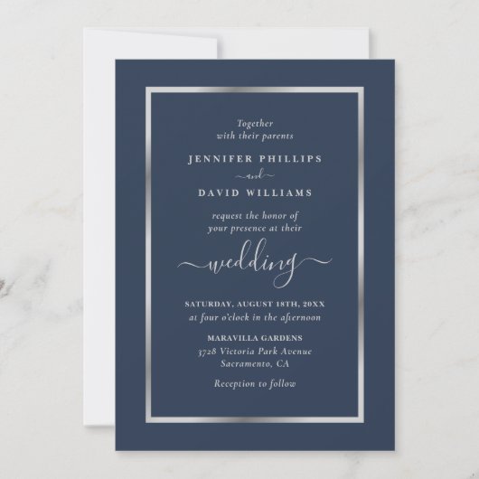Navy Blue en Silver Wedding Kaart (Voorkant)
