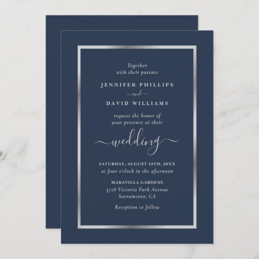 Navy Blue en Silver Wedding Kaart (Voorkant / Achterkant)
