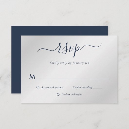 Navy Blue en Silver Wedding RSVP Kaartje (Voorkant / Achterkant)