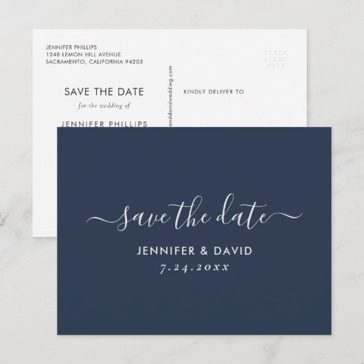 Navy Blue en Silver Wedding Save the Date Aankondigingskaart (Voorkant / Achterkant)