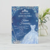 Navy Blue en Silver Winter Quinceanera Uitnodiging (Staand voorkant)