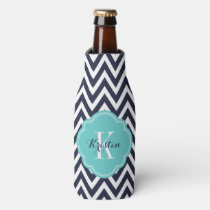 Navy Blue en Turquoise Chevron Monogram Flesjeskoeler