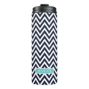 Navy Blue en Turquoise Chevron Monogram Thermosbeker
