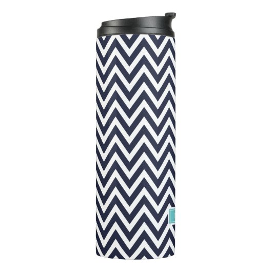 Navy Blue en Turquoise Chevron Monogram Thermosbeker (Gedraaid links)