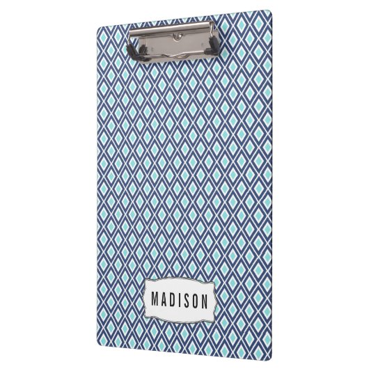 Navy Blue en Turquoise Ikat Patroon Monogram Klembord (Links)