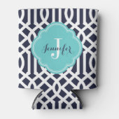 Navy Blue en Turquoise Trellis Monogram Blikjeskoeler (Voorkant)