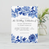 Navy Blue en White Asian Influence Wedding Kaart (Staand voorkant)
