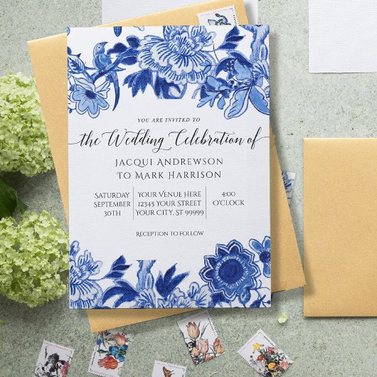 Navy Blue en White Asian Influence Wedding Kaart