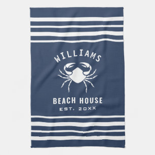 Navy Blue en White Beach House Familienaam Crab Theedoek