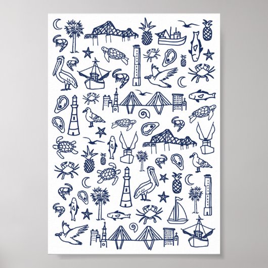 Navy Blue en White Charleston Toile Mini Poster (Voorkant)