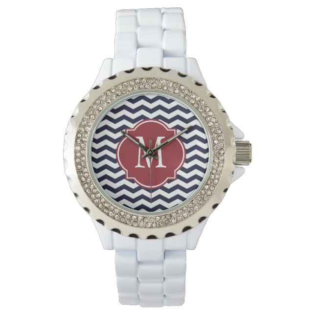 Navy Blue en White Chevron Pattern Horloge (Voorkant)