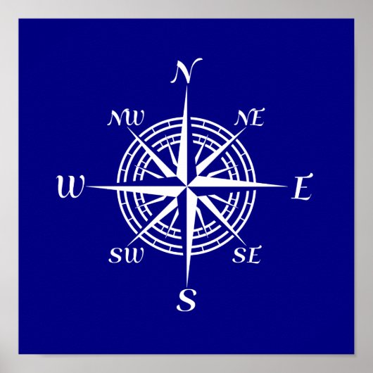 Navy Blue en White Coastal Decor Compass Roos Poster (Voorkant)