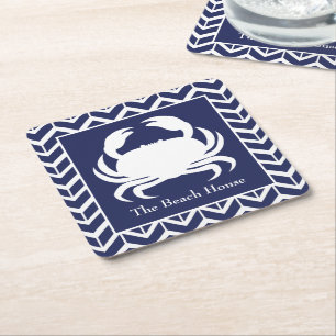 Navy Blue en White Crab personaliseer de Nautical Vierkante Kartonnen Onderzetter