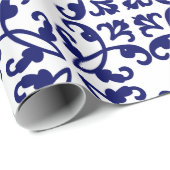 Navy Blue en White Damask Pattern Cadeaupapier (Rol Hoek)