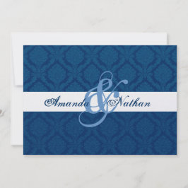 Navy Blue en White Diamond Damask Wedding Kaart