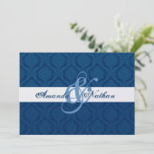 Navy Blue en White Diamond Damask Wedding Kaart (Staand voorkant)
