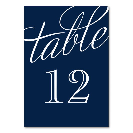 Navy Blue en White Elegant Script Table Numbers Kaart (Voorkant)