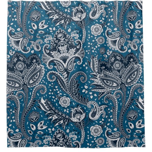 Navy Blue en White Floral Paisley Bohemian Boho Douchegordijn (Voorkant)