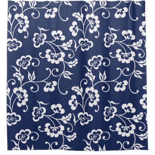 Navy Blue en White Floral Pattern Douchegordijn (Voorkant)
