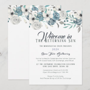 Navy Blue en White Floral Yule Winter Solstice Kaart