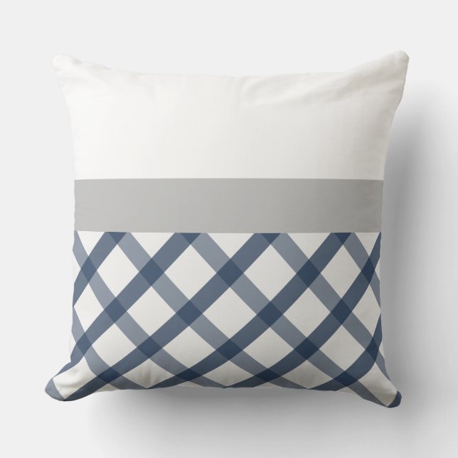 Navy Blue en White Gingham met licht grijs accent Kussen (Voorkant)