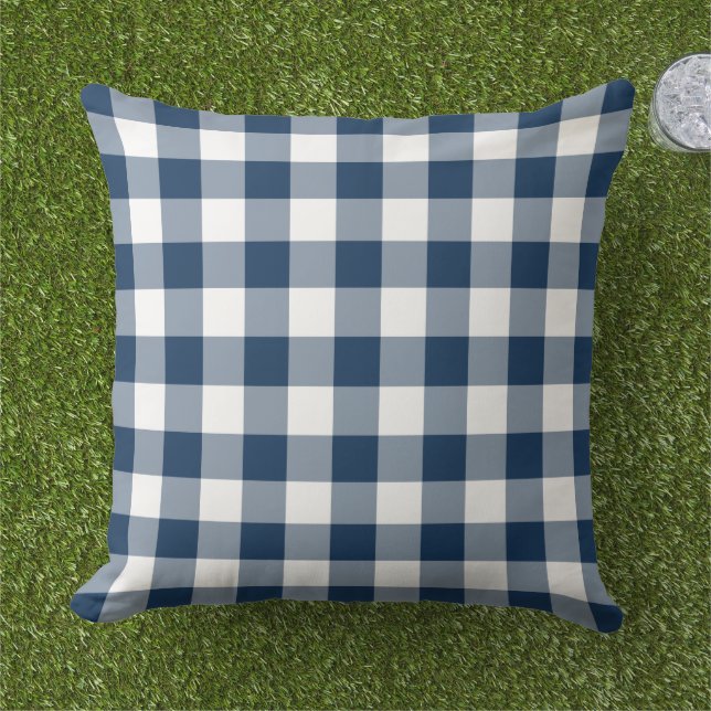 Navy Blue en White Gingham Pset Pattern Buitenkussen (Gras)