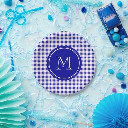 Navy Blue en White Gingham, Uw Monogram Papieren Bordje (Feest)