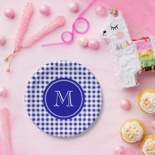 Navy Blue en White Gingham, Uw Monogram Papieren Bordje (Feest)