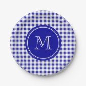 Navy Blue en White Gingham, Uw Monogram Papieren Bordje (Voorkant)