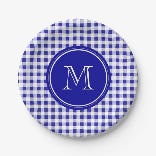 Navy Blue en White Gingham, Uw Monogram Papieren Bordje (Voorkant)